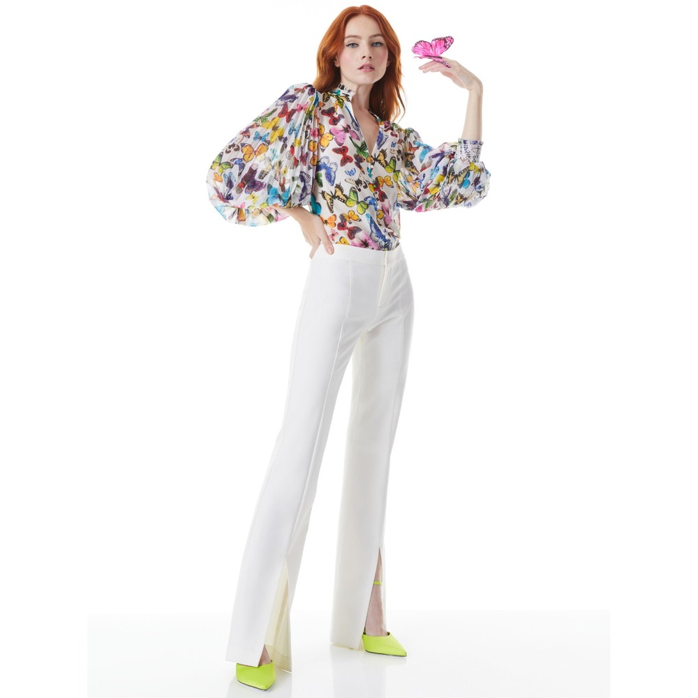 Alice + Olivia Women's Ilan Smocked Sleeve Button Front Blouse Butterfly High - Picture 2 of 11